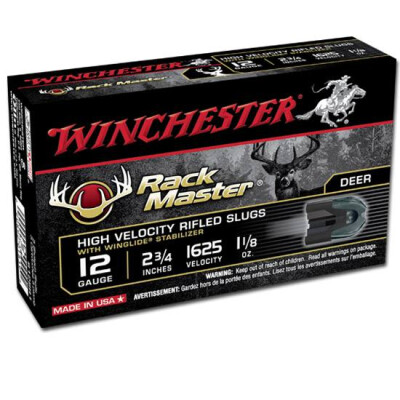 12 Gauge Winchester Rackmaster Lead Rifled Slug 2-3/4" 1-1/8 Ounce 1650 fps 5 Round Box S12SR1
