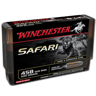 Winchester Safari .458 Winchester Magnum Nosler Partition Flat Nose Solid Bullet, 500 Grain, 2010 fps, 20 Round Box, S458WSLSP