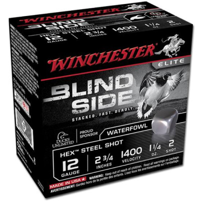 Ammo 12 Gauge Winchester Blind Side 2-3/4" #2 Hex Steel Shot 1-1/4 Ounce 1400 fps 25 Rounds SBS122