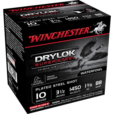 Winchester Drylok Super Steel High Velocity 10 Gauge BB Plated Steel Shot, 3-1/2" Shell, 1-3/8 Ounce Shot, 1450 fps, 25 Round Box SSH10BB