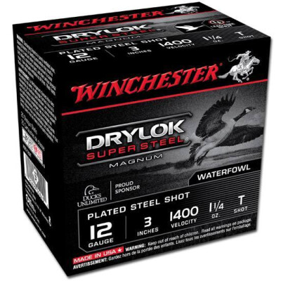 Winchester Drylok Super Steel 12 Gauge Ammunition 25 Round Box 3" T Plated Steel Shot 1-1/4 oz 1400 fps