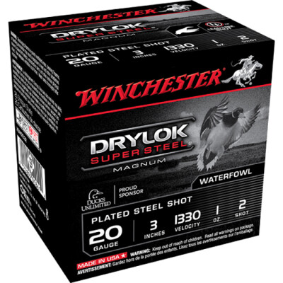 Winchester Drylok Super Steel 20 Gauge Ammunition 25 Rounds 3" #2 Steel Plated 1oz 1330fps