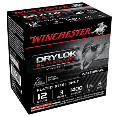 Winchester Drylok Super Steel 12 Gauge Ammunition 25 Round Box 3" #2 Plated Steel Shot 1-1/4 oz 1400 fps