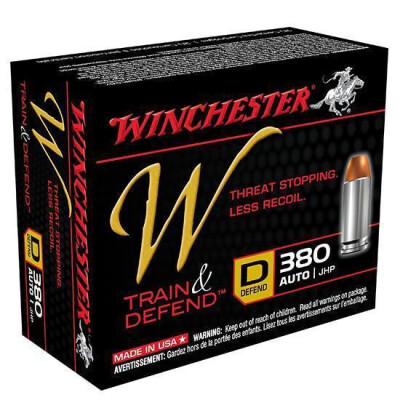Ammo .380 Auto Winchester W Train & Defend 95 Grain Jacketed Hollow Point Bullet Low Recoil 20 Round Box 950 fps W380D