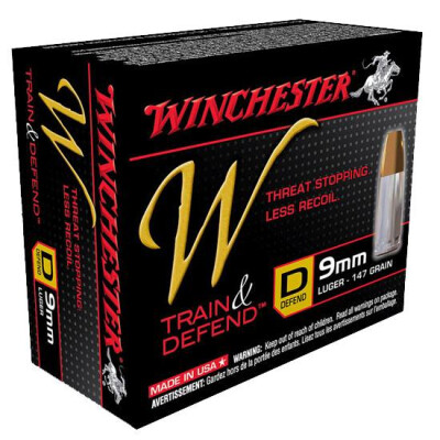 Ammo 9mm Luger Winchester W Train & Defend 147 Grain Jacketed Hollow Point Bullet Low Recoil 20 Round Box 950 fps W9MMD