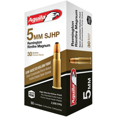 Aguila 5mm RRM Ammunition 50 Rounds 30 Grain SJHP 2300fps