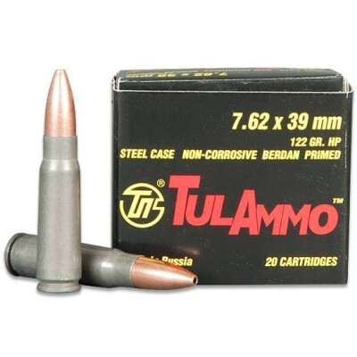 Ammo 7.62x39 TulAmmo 122 Grain HP Bullet Polymer Coated Steel Case 2396 fps 20 Rounds UL076202