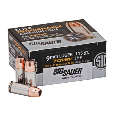 SIG Sauer Elite V-Crown 9mm Luger Ammunition 20 Rounds JHP 115 Grain