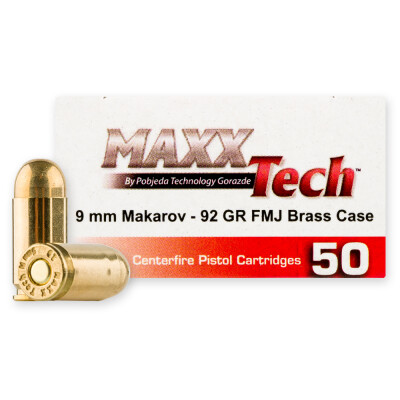MaxxTech 9mm Makarov Ammunition 100 Rounds FMJ 92 Grain