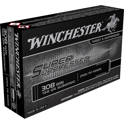 Winchester Super Suppressed .308 Win Ammunition 168 Grain Open Tip Range Bullet Subsonic 20 Rounds