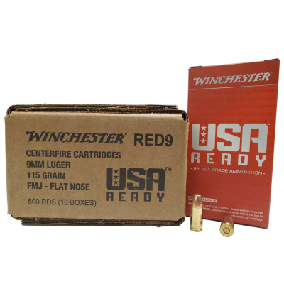 Winchester USA Ready 9mm Ammunition 500 Rounds FMJFN 115 Grains 1190 fps
