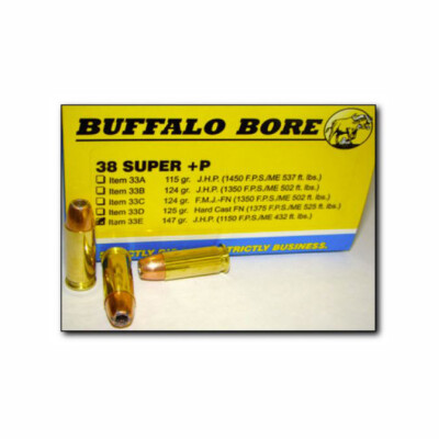 Buffalo Bore .38 Super +P Ammunition 20 Rounds JHP 147 Grains 33E/20