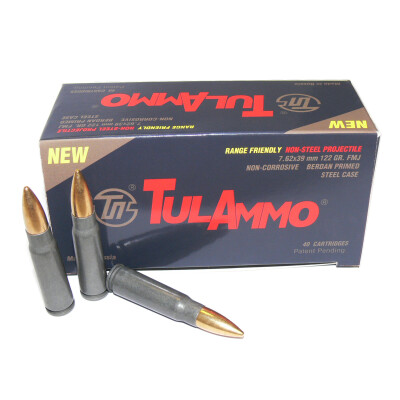 TulAmmo Range Friendly 7.62x39 Ammunition 40 Rounds 122 Grain Full Metal Jacket Brass Jacket Bullet Steel Cased 2,330fps