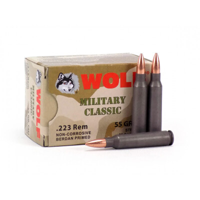 Wolf Military Classic .223 Remington Ammunition 55 Grain Bi-Metal FMJ Steel Cased 3130 fps 20 Rounds per Box