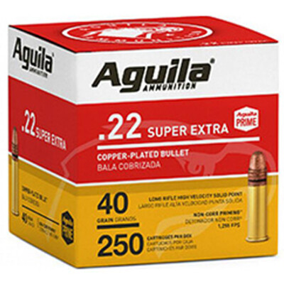 Aguila Super Extra .22 LR Ammunition 40 Grain Copper Plated Solid Point 1255ps 250 Rounds
