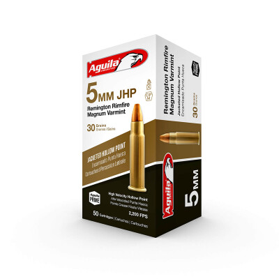 Aguila 5mm Remington Rimfire Magnum Ammunition 50 Rounds JHP 30 Grain High Velocity Brass Cased 1B222406