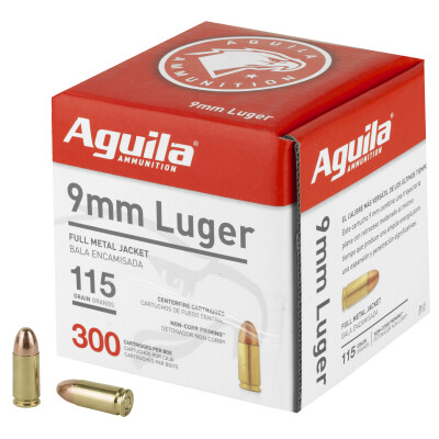 Aguila 9mm Luger Ammunition 300 Rounds FMJ 115 Grain Brass Cased Bulk Pack 1E097700