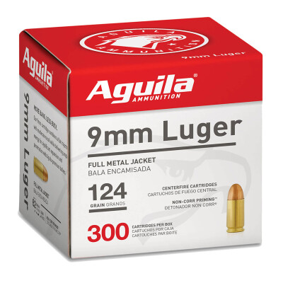 Aguila 9mm Luger Ammunition 300 Rounds FMJ 124 Grain Brass Cased Bulk Pack 1E092108