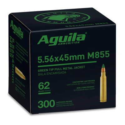 Aguila SS109 Green Tip 5.56x45 NATO M855 Ammunition 300 Rounds FMJGT 62 Grain Brass Cased Bulk Pack 1E556125