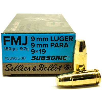 Sellier & Bellot Subsonic 9mm Luger Ammunition 50 Rounds FMJ 150 Grain 