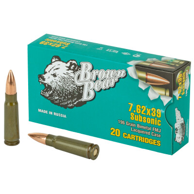 Brown Bear 7.62x39 Soviet Ammunition 20 Rounds 196 Grain Full Metal Jacket Steel Cased Subsonic 1115fps