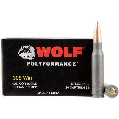 Wolf Polyformance .308 Win Ammunition 150 Grain Bi-Metal FMJ Steel Case 2625 fps 20 rounds
