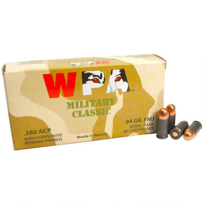 Wolf Military Classic .380 Auto Ammunition 50 Rounds FMJ 94 Grain Steel Cased