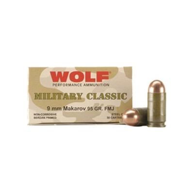 Wolf Military Classic 9x18 Makarov Ammunition 50 Rounds 94 Grain Full Metal Jacket Steel Cased Bi-Metal Jacket 1014fps