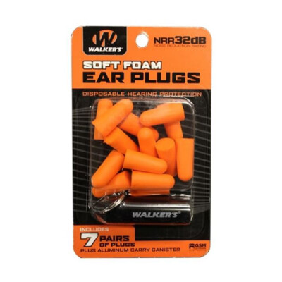 Walker's Foam Ear Plugs with Black Aluminum Carry Canister 7 Pairs Orange