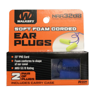Walker's Corded Foam Ear Plugs with Plastic Case 2 Pairs Neon Yellow