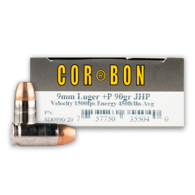 Cor-Bon 9mm Luger +P 90gr JHP 1500fps Brass 20 Round