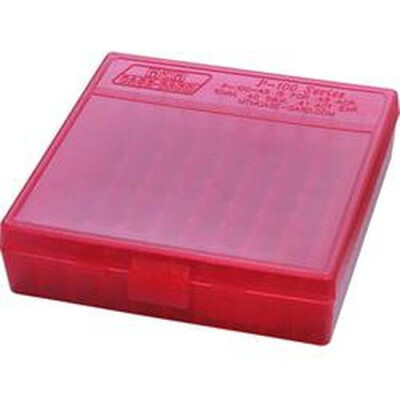 MTM Case-Gard P-100 Original Series Flip Top Handgun Ammo Box 9mm Luger/9mm Makarov/.380 ACP/.30 Luger Holds 100 Rounds Clear Red P-100-9-29