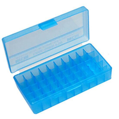 MTM Case-Gard P-50 Original Series Flip Top Handgun Ammo Box 9mm Luger/9mm Makarov/.380 ACP/.30 Luger Holds 50 Rounds Clear Blue P50-9M-24