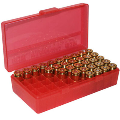 MTM Case-Gard P-50 Original Series Flip Top Handgun Ammo Box 9mm Luger/9mm Makarov/.380 ACP/.30 Luger Holds 50 Rounds Clear Red P50-9M-29a