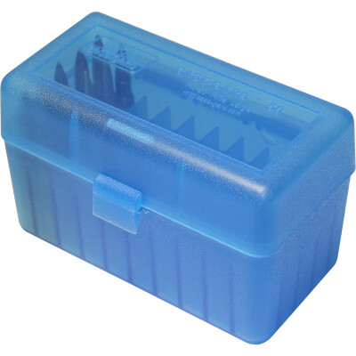 MTM Case-Gard R-50 Series 50 Rounds Large Diameter Medium Rifle Ammunition Box Polypropylene Clear Blue RMLD-50-24