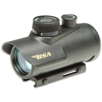 Huntsman Illuminated RGB Dot Sight, Red, Green Blue 5 MOA reticle, Intergal 3/8 and 5/8 Weaver Mount, Black, BSA Optics