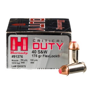 Hornady Critical Duty .40 S&W Ammunition 20 Rounds FlexLock 175 Grain