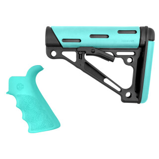 Hogue AR-15 Pistol Grip/Carbine Collapsible Buttstock Commercial Spec Compatible Overmolded Rubber Black/Aqua Finish