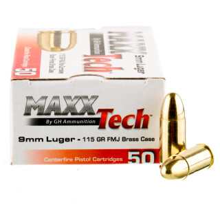 MaxxTech Brass 9mm Luger Ammunition 500 Rounds FMJ 115 Grain