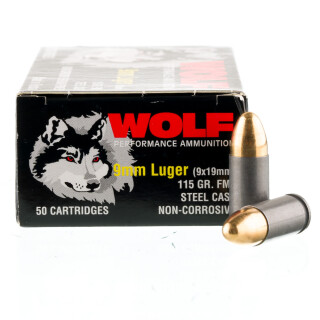 Wolf Performance 9mm Luger Ammunition 50 Rounds FMJ 115 Grain Steel Cased 