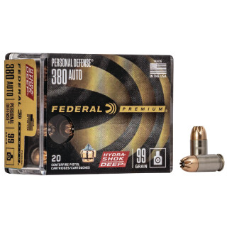 Federal Premium Hydra-Shok Deep .380 ACP Ammunition 99 Grain JHP 20 Rounds 1000 fps