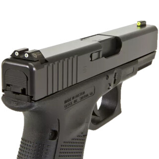Night Fision Perfect Dot Tritium Night Sight Set Glock 17/19/26/34 Green Tritium Front/Rear Yellow Front Ring U-Notch Rear with White Ring Metal Body Black Nitride Finish