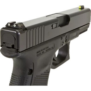 Night Fision Perfect Dot Tritium Night Sight Set for Glock 42/43 Green Tritium Front/Rear Yellow Front Ring U-Notch Rear with White Ring Metal Body Black Nitride Finish