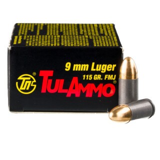 TulAmmo 9mm Pistol Ammunition, 50 Rounds, Steel Case FMJ, 115 Grains