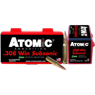 Atomic Subsonic .308 Winchester Ammunition 50 Rounds 175 Grain Sierra MatchKing Boat Tail Hollow Point 1050fps