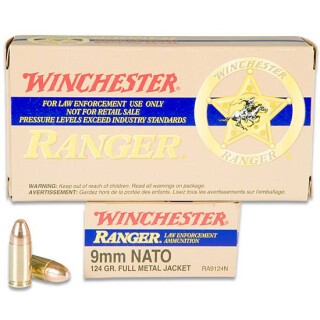 9mm NATO Winchester Ranger 124 Grain FMJ 1185 fps 50 Round Box RA9124N