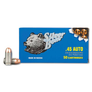 Silver Bear .45 ACP Ammunition 50 Rounds Zinc Plated Steel Case FMJ 230 Grains AS45FMJ