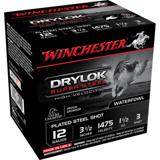 Winchester DryLok Super Steel 12 Gauge Ammunition 25 Rounds 3-1/2" Shotshell 1-1/2 Oz High Velocity Steel Shot #3 Shot Size 1475fps