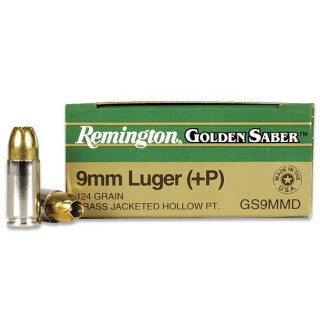 Remington Golden Saber 9mm Luger +P Brass Jacketed Hollow Point, 124 Grain, 1180 fps, 25 Round Box
