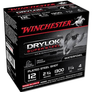 Winchester Drylok Super Steel 12 Gauge Ammunition 25 Round Box 2-3/4" #4 Plated Steel Shot 1-1/4 oz 1300 fps